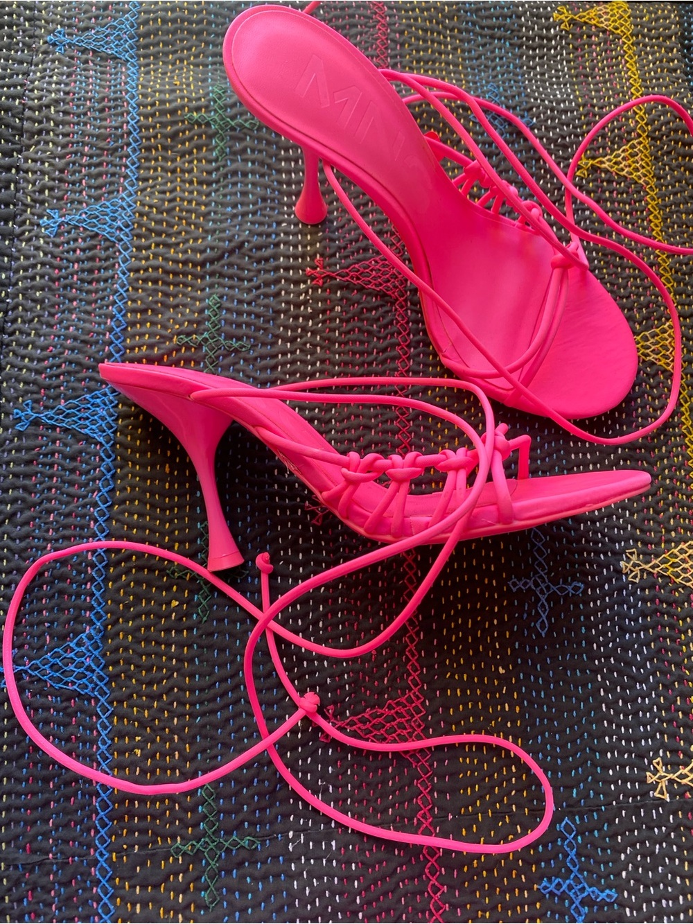 Mango Neon Pink Lace-Up Sculpted Kitten Heels Size 7.5 / 38